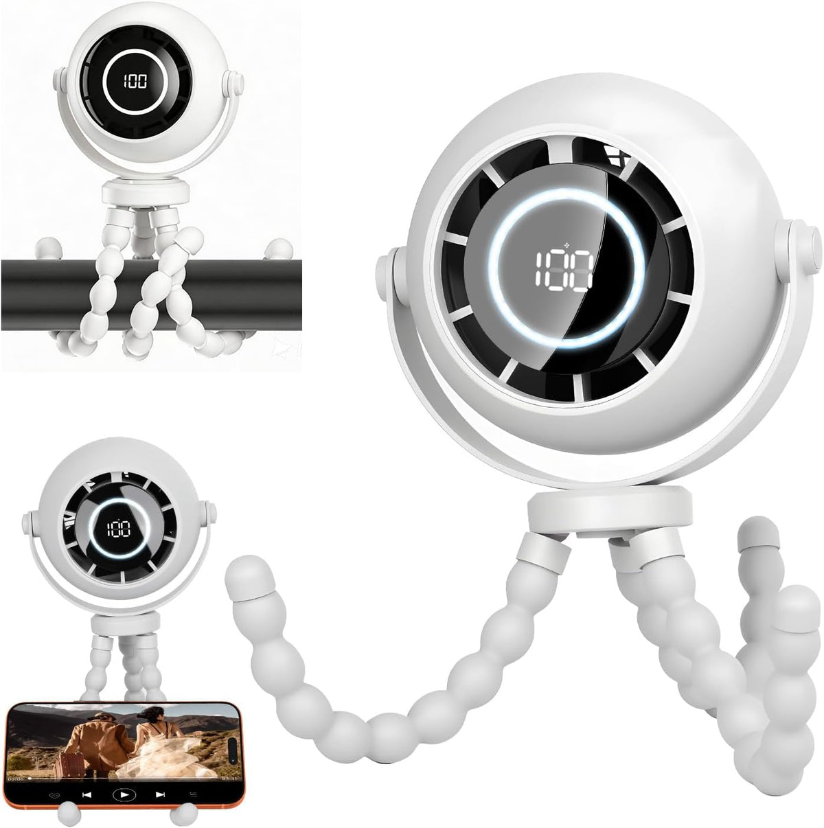 360° Rotatable Stroller Fan with LED Display & Night Light, Octopus Flexible Tripod Portable Fan, Multi-Angle Manual Adjustment 4000mAh Rechargeable Quiet for Camping, Office, Desk, Gym(Black)