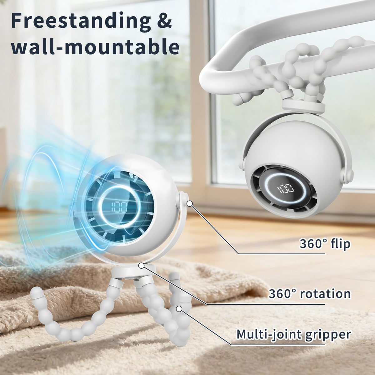 360° Rotatable Stroller Fan with LED Display & Night Light, Octopus Flexible Tripod Portable Fan, Multi-Angle Manual Adjustment 4000mAh Rechargeable Quiet for Camping, Office, Desk, Gym(Black)