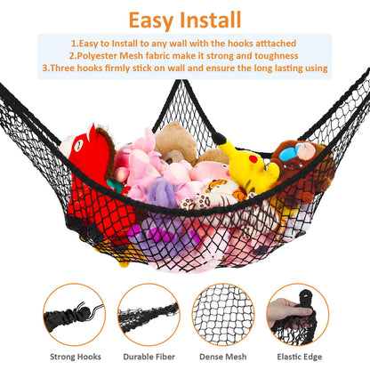 Stuffed Animal Hammock, Jumbo Toy Storage Net 83" Wall Sling Corner Extra Large Kids Children Mesh Toy Net Organizer (Black, 83 Inch)