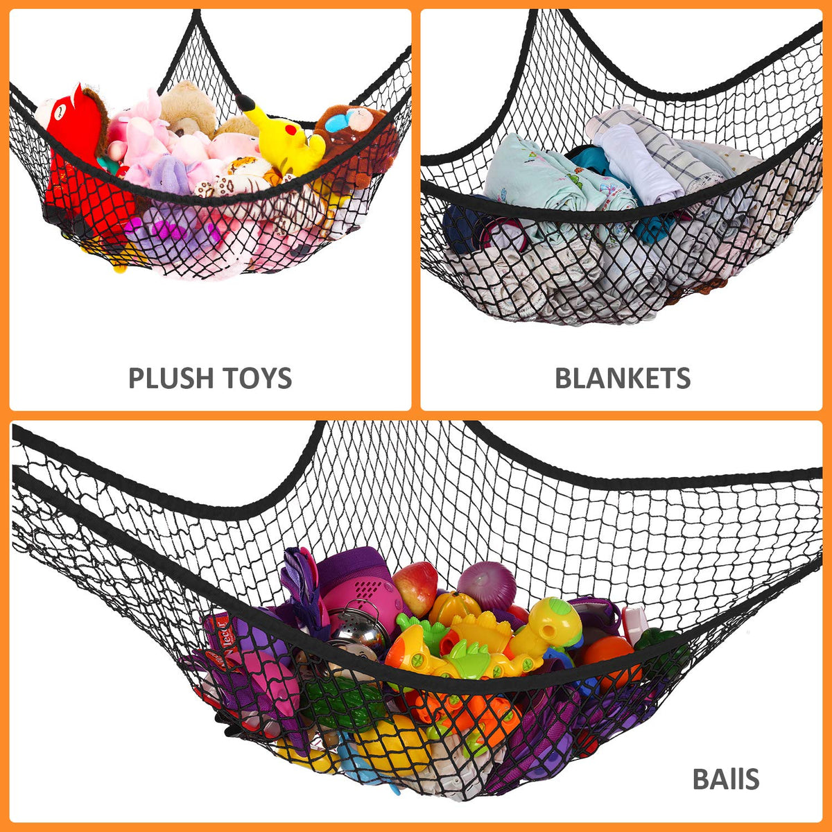 Stuffed Animal Hammock, Jumbo Toy Storage Net 83" Wall Sling Corner Extra Large Kids Children Mesh Toy Net Organizer (Black, 83 Inch)