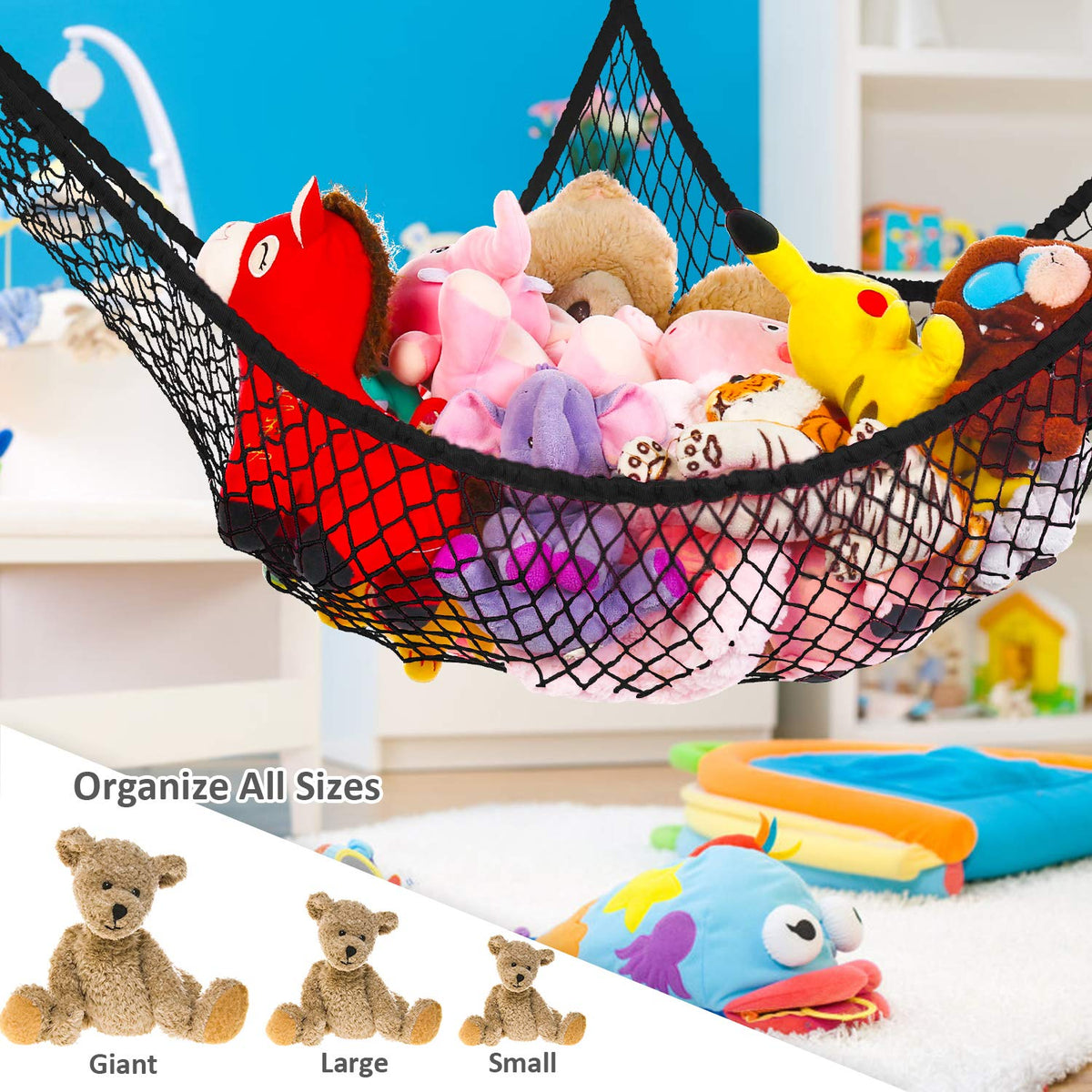 Stuffed Animal Hammock, Jumbo Toy Storage Net 83" Wall Sling Corner Extra Large Kids Children Mesh Toy Net Organizer (Black, 83 Inch)