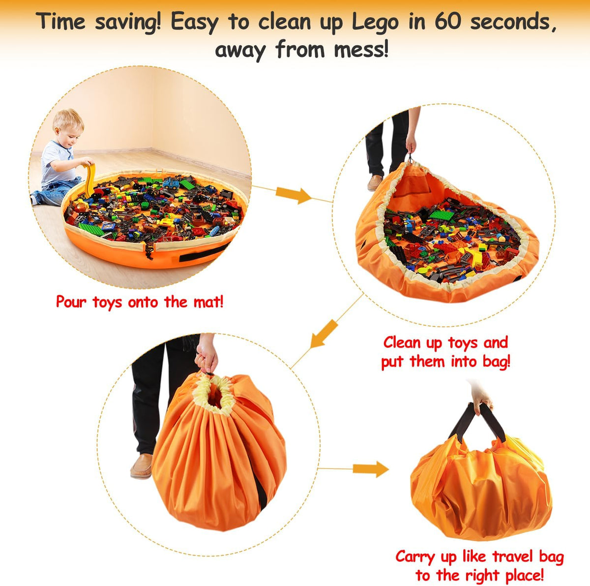 Toy Storage for Lego Play Mat Bag - Duplo Toy Organizer Storage Bag by Drawstring for Kids Tidy Toy with Lips can as Gift (Orange 47 inch)