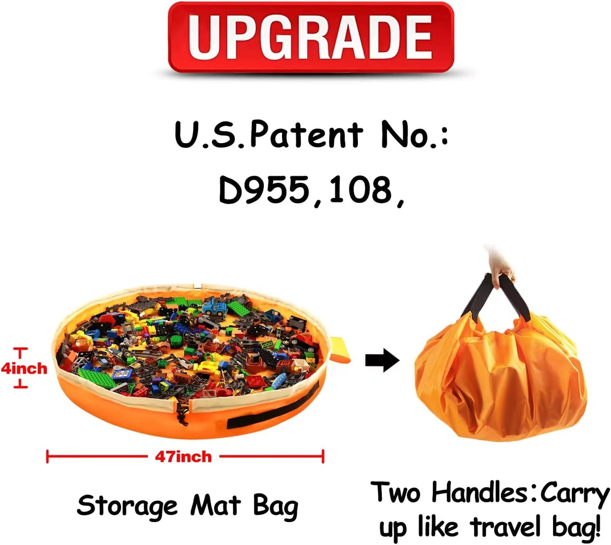 Toy Storage for Lego Play Mat Bag - Duplo Toy Organizer Storage Bag by Drawstring for Kids Tidy Toy with Lips can as Gift (Orange 47 inch)