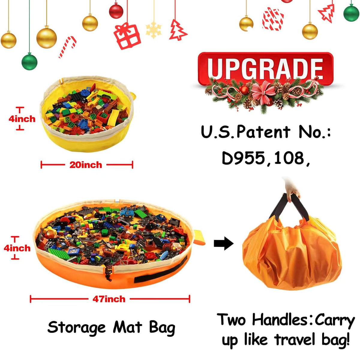 Toy Storage for Lego Play Mat Bag - Duplo Toy Organizer Storage Bag by Drawstring for Kids Tidy Toy with Lips can as Gift (Orange 47 inch)