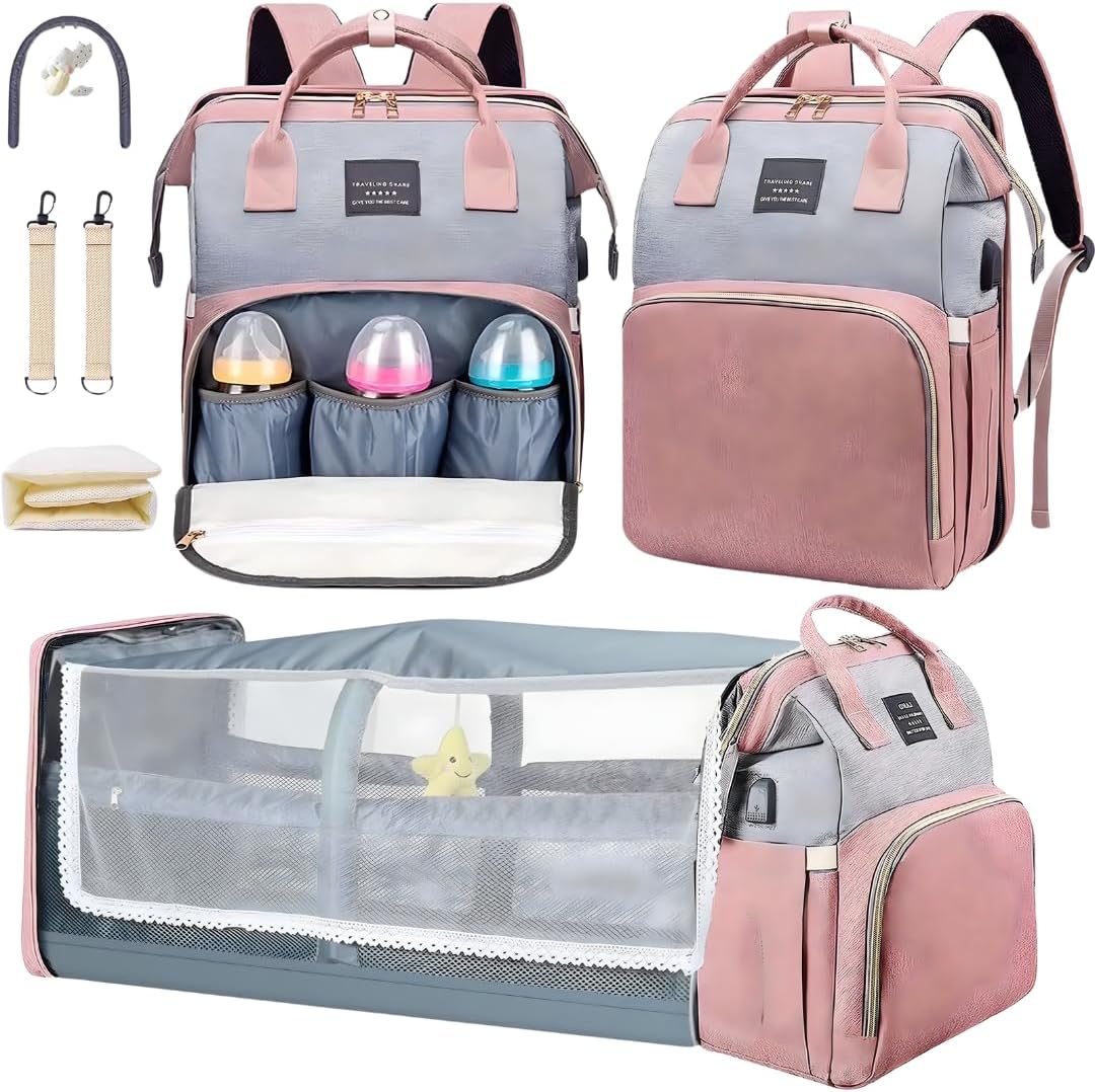 Baby Diaper Bag With Changing Station, Travel Waterproof Diaper Bagpack For Mom Dad With USB Charging Port, Large Capacity & Multifunctional With Insulated Pacifier Case - Pink