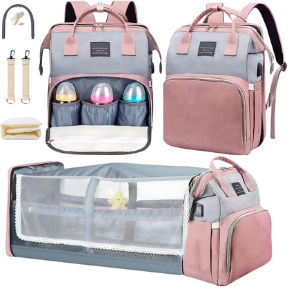 Baby Diaper Bag With Changing Station, Travel Waterproof Diaper Bagpack For Mom Dad With USB Charging Port, Large Capacity & Multifunctional With Insulated Pacifier Case - Pink