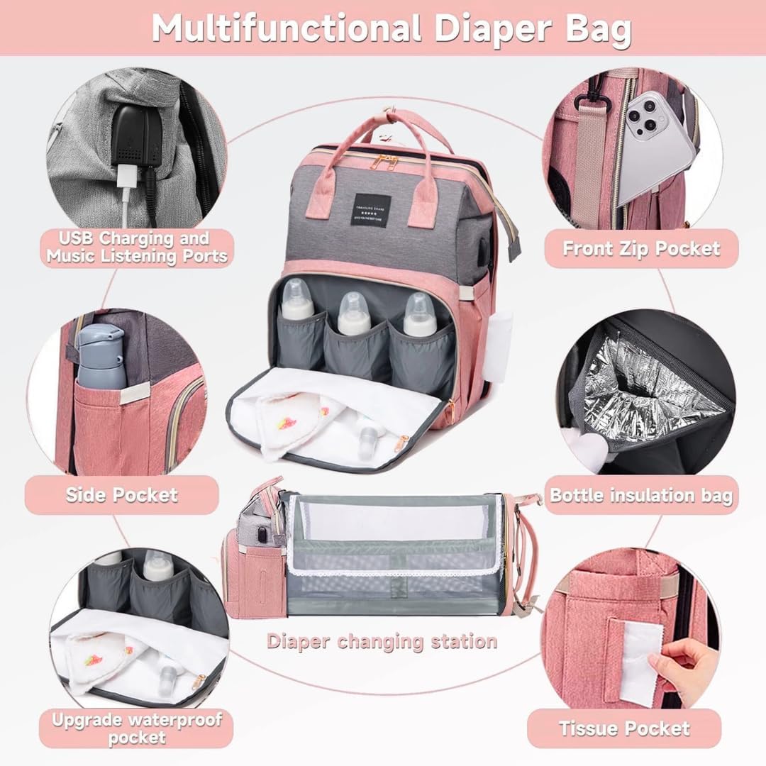 Baby Diaper Bag With Changing Station, Travel Waterproof Diaper Bagpack For Mom Dad With USB Charging Port, Large Capacity & Multifunctional With Insulated Pacifier Case - Pink