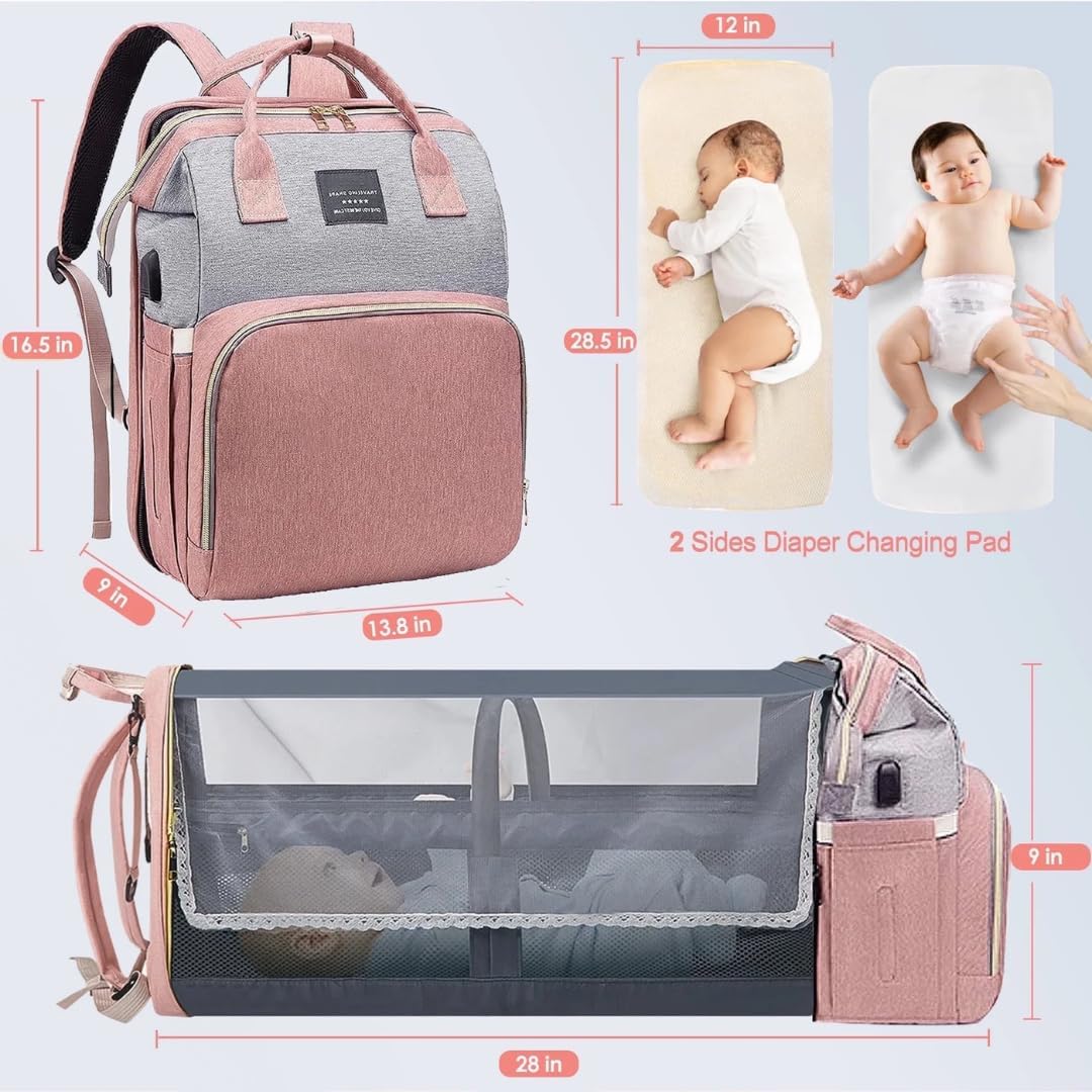 Baby Diaper Bag With Changing Station, Travel Waterproof Diaper Bagpack For Mom Dad With USB Charging Port, Large Capacity & Multifunctional With Insulated Pacifier Case - Pink