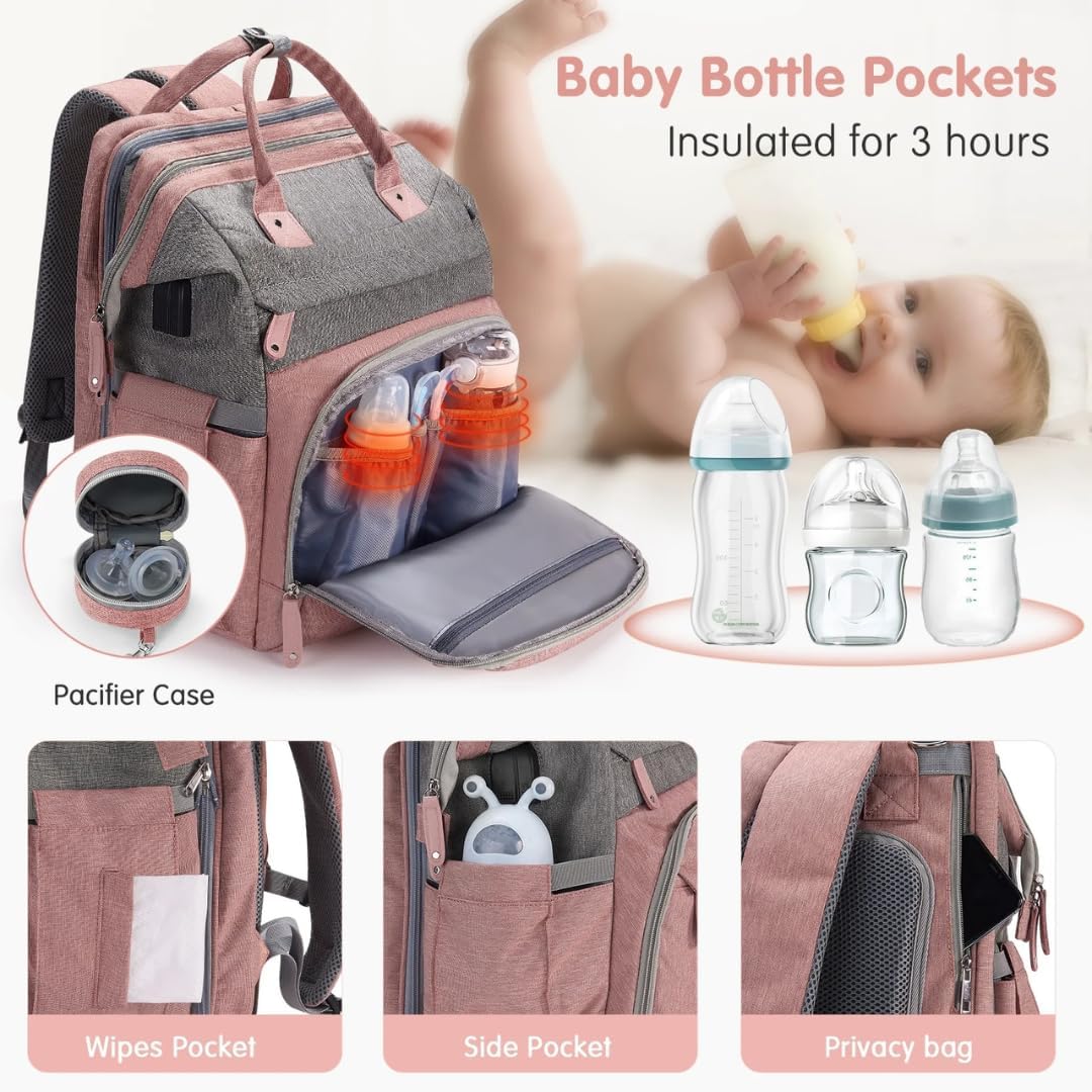 Baby Diaper Bag With Changing Station, Travel Waterproof Diaper Bagpack For Mom Dad With USB Charging Port, Large Capacity & Multifunctional With Insulated Pacifier Case - Pink