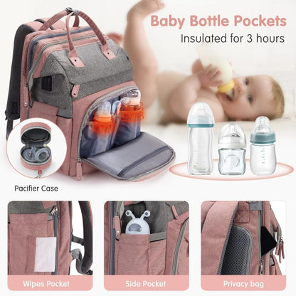 Baby Diaper Bag With Changing Station, Travel Waterproof Diaper Bagpack For Mom Dad With USB Charging Port, Large Capacity & Multifunctional With Insulated Pacifier Case - Pink