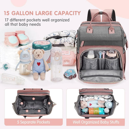 Baby Diaper Bag With Changing Station, Travel Waterproof Diaper Bagpack For Mom Dad With USB Charging Port, Large Capacity & Multifunctional With Insulated Pacifier Case - Pink