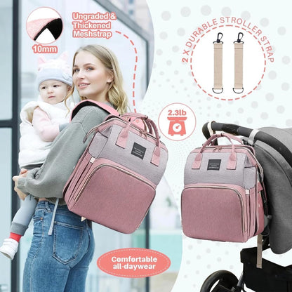 Baby Diaper Bag With Changing Station, Travel Waterproof Diaper Bagpack For Mom Dad With USB Charging Port, Large Capacity & Multifunctional With Insulated Pacifier Case - Pink