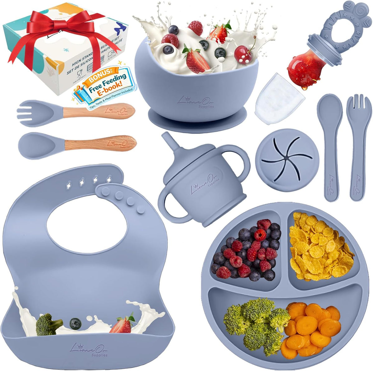 Silicone Baby Feeding Set, Suction Plates Bowls Bibs for Self Feeding –Gray