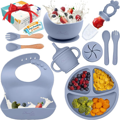 Silicone Baby Feeding Set, Suction Plates Bowls Bibs for Self Feeding –Gray