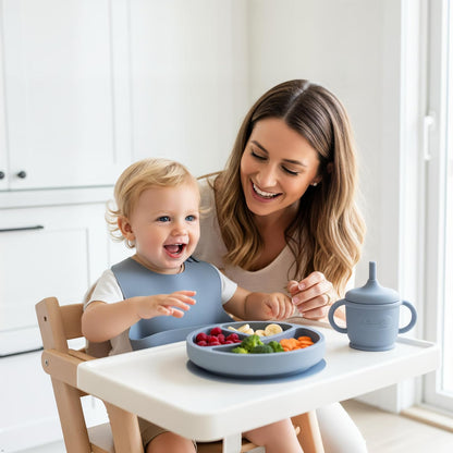 Silicone Baby Feeding Set, Suction Plates Bowls Bibs for Self Feeding –Gray