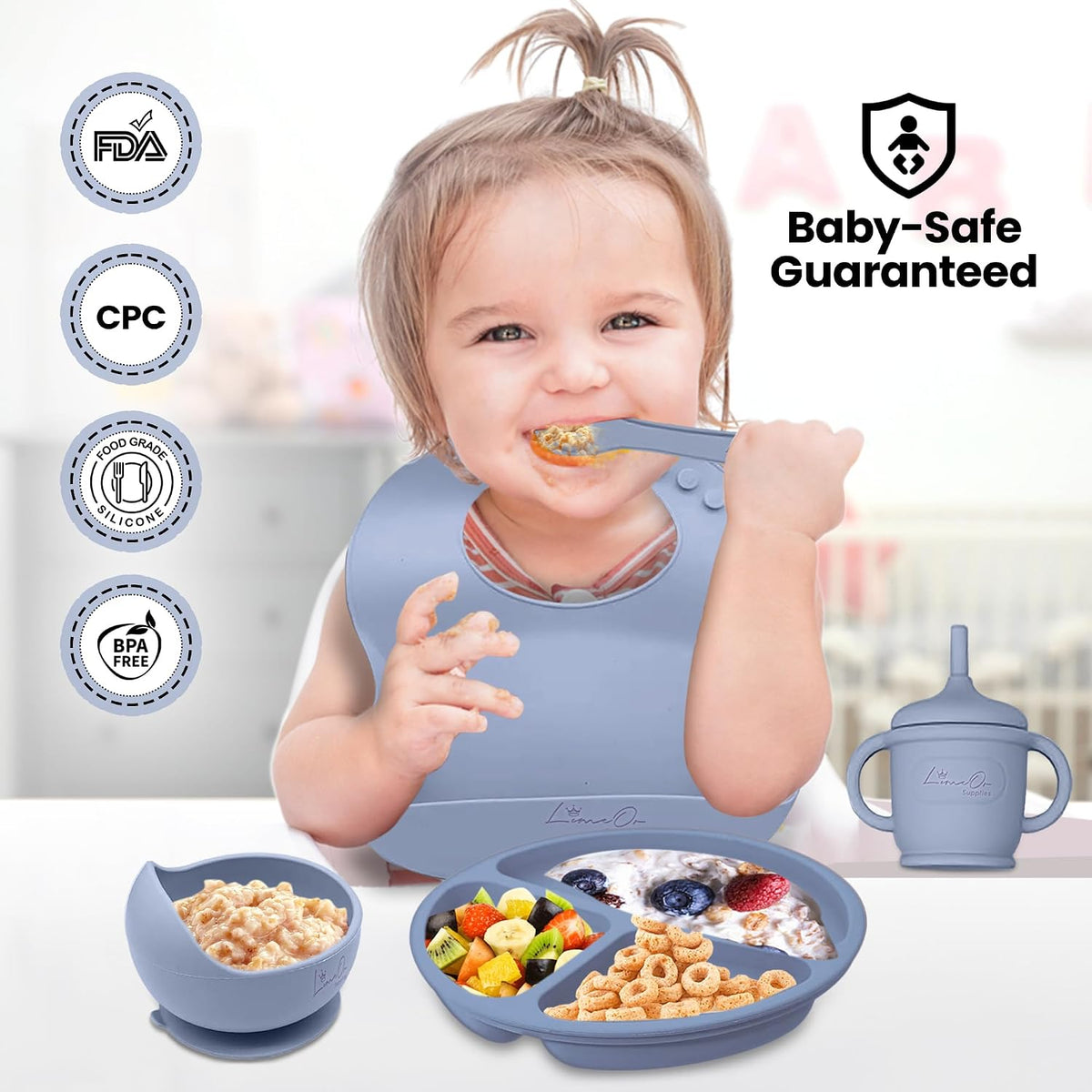 Silicone Baby Feeding Set, Suction Plates Bowls Bibs for Self Feeding –Gray