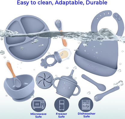 Silicone Baby Feeding Set, Suction Plates Bowls Bibs for Self Feeding –Gray