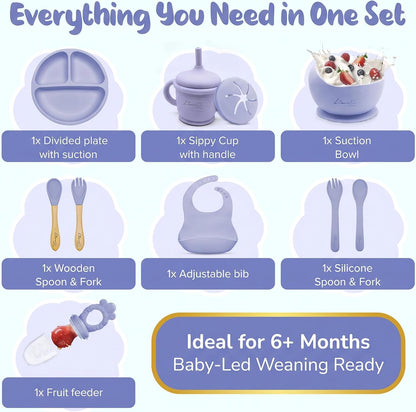 Silicone Baby Feeding Set, Suction Plates Bowls Bibs for Self Feeding –Gray