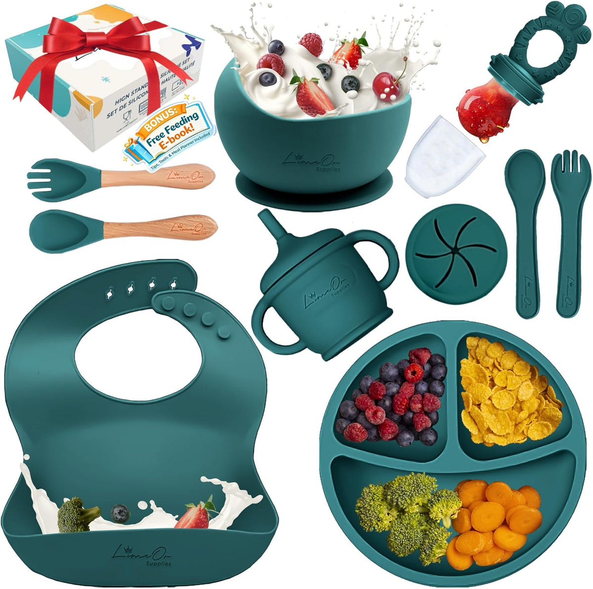 Silicone Baby Feeding Set, Suction Plates Bowls Bibs for Self Feeding –Gray