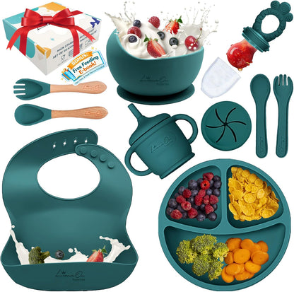 Silicone Baby Feeding Set, Suction Plates Bowls Bibs for Self Feeding –Gray