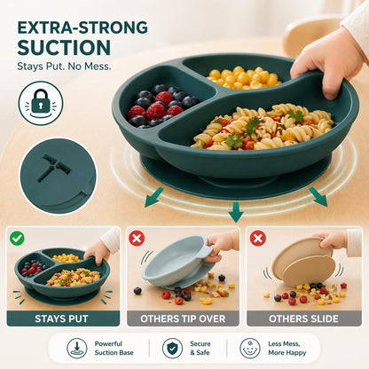 Silicone Baby Feeding Set, Suction Plates Bowls Bibs for Self Feeding –Gray