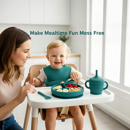 Silicone Baby Feeding Set, Suction Plates Bowls Bibs for Self Feeding –Gray