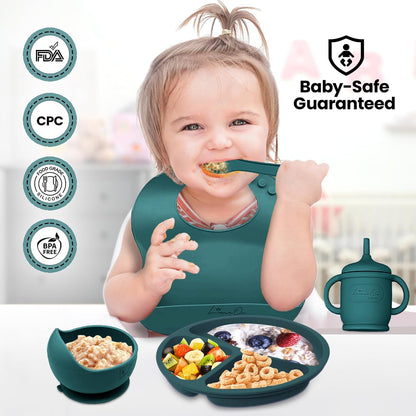 Silicone Baby Feeding Set, Suction Plates Bowls Bibs for Self Feeding –Gray