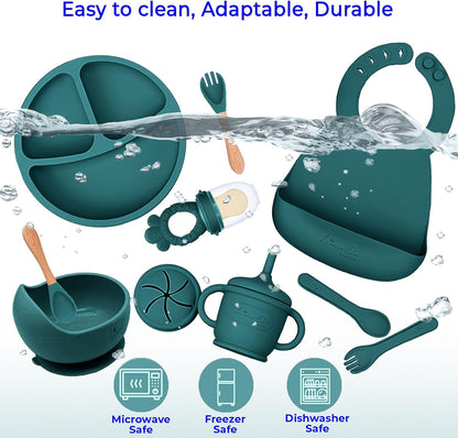 Silicone Baby Feeding Set, Suction Plates Bowls Bibs for Self Feeding –Gray