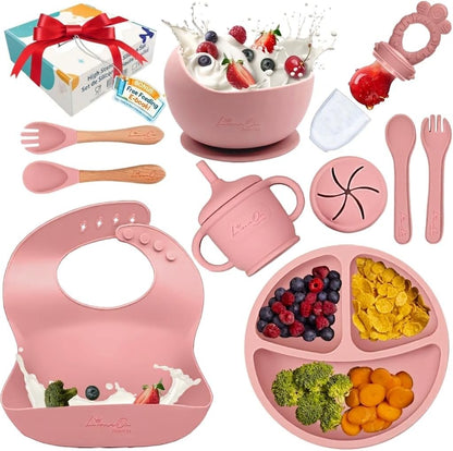 Silicone Baby Feeding Set, Suction Plates Bowls Bibs for Self Feeding –Gray