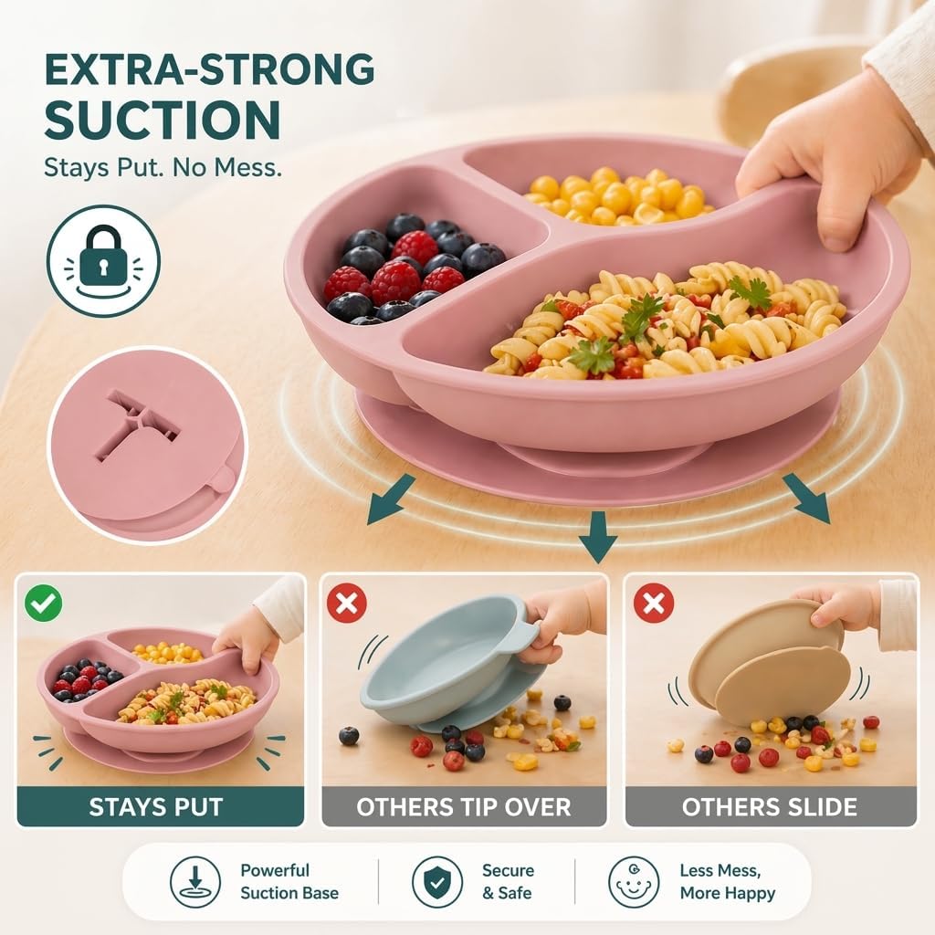Silicone Baby Feeding Set, Suction Plates Bowls Bibs for Self Feeding –Gray