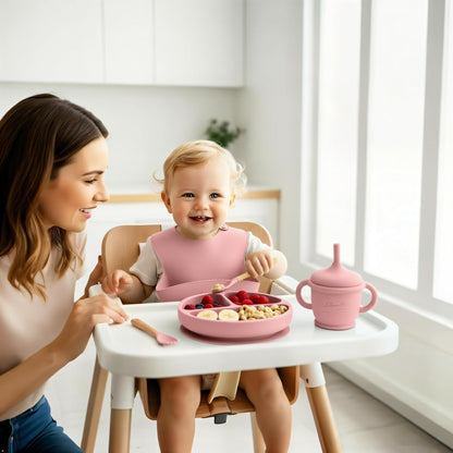 Silicone Baby Feeding Set, Suction Plates Bowls Bibs for Self Feeding –Gray