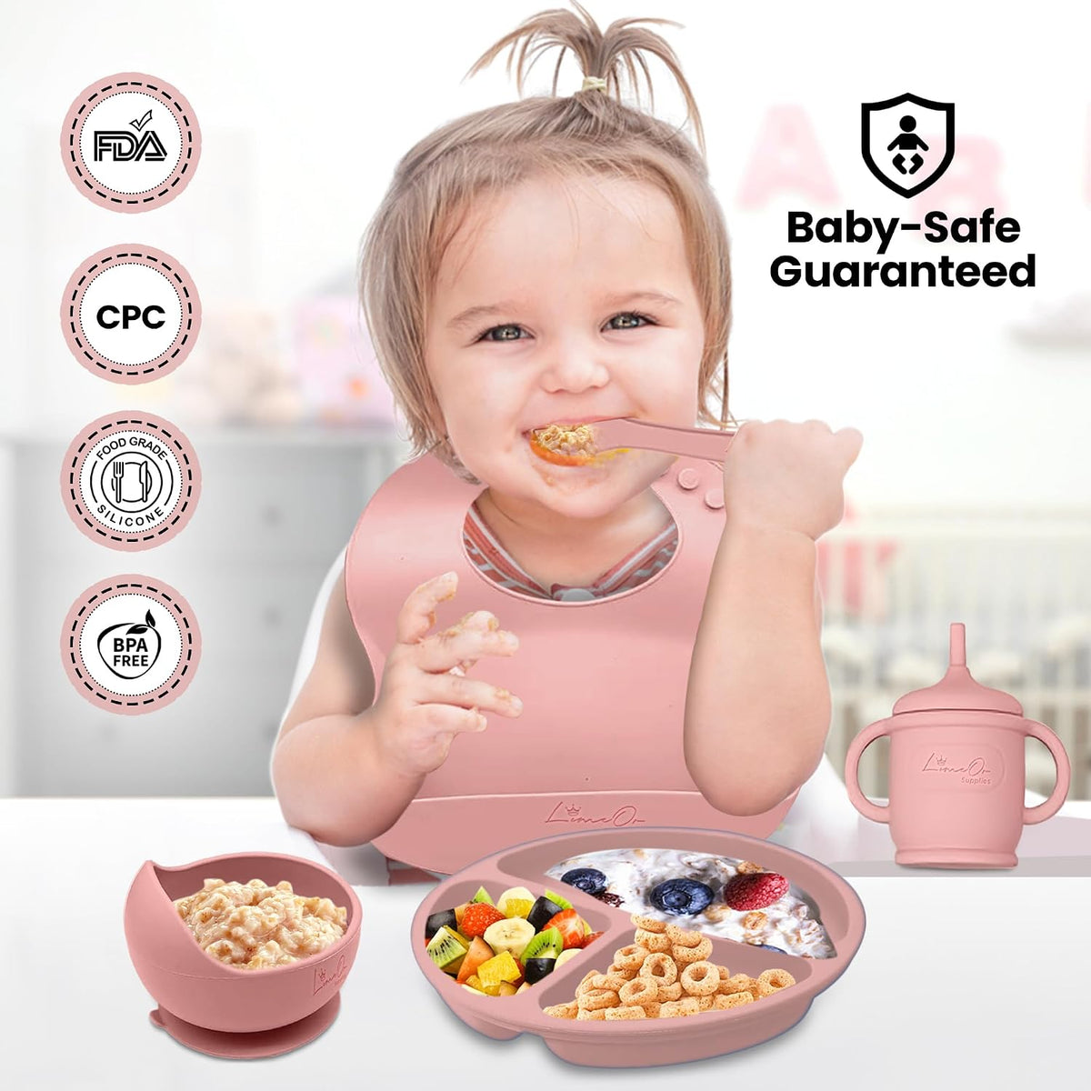 Silicone Baby Feeding Set, Suction Plates Bowls Bibs for Self Feeding –Gray