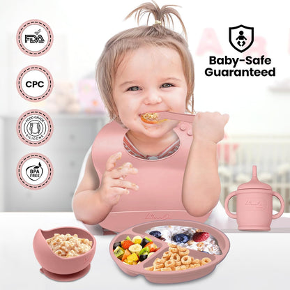 Silicone Baby Feeding Set, Suction Plates Bowls Bibs for Self Feeding –Gray