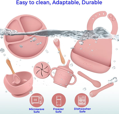 Silicone Baby Feeding Set, Suction Plates Bowls Bibs for Self Feeding –Gray
