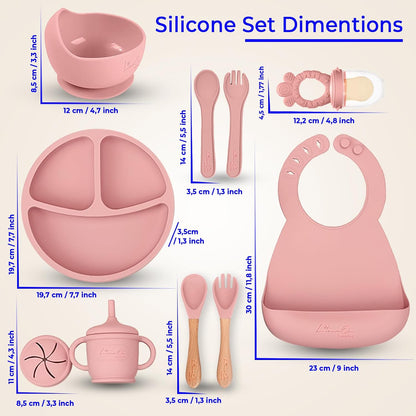 Silicone Baby Feeding Set, Suction Plates Bowls Bibs for Self Feeding –Gray