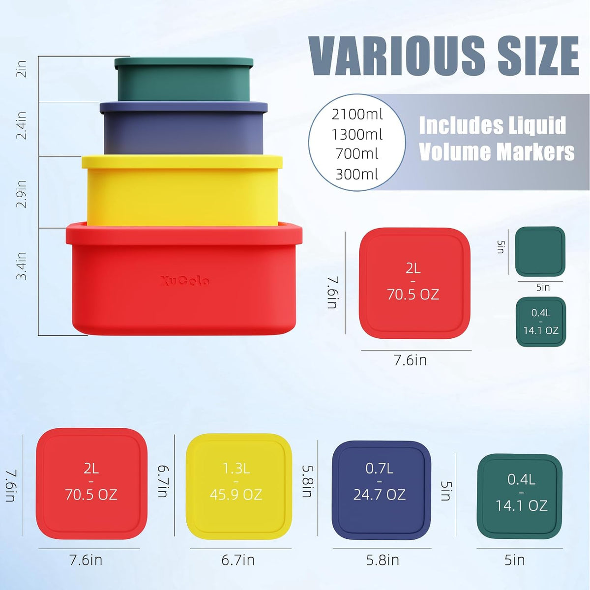 Silicone Food Storage Containers with Lids Set 4 Sizes and Silicone Containers,For Freezing, Bento Boxes, Snack Boxes,Freezer preservation Leak Proof (1, Rectangular)
