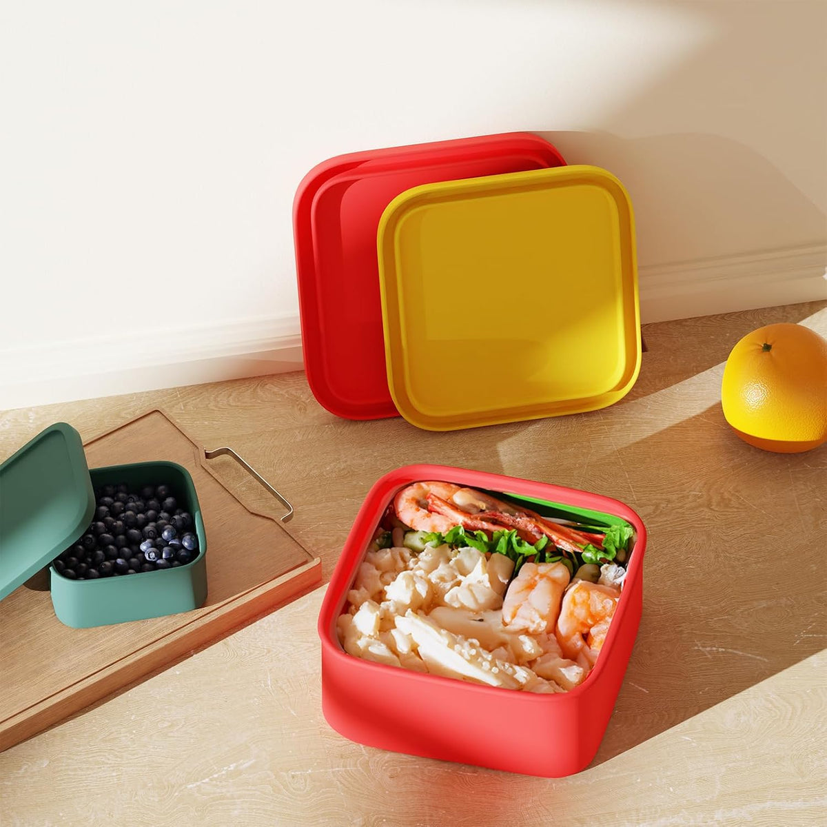 Silicone Food Storage Containers with Lids Set 4 Sizes and Silicone Containers,For Freezing, Bento Boxes, Snack Boxes,Freezer preservation Leak Proof (1, Rectangular)