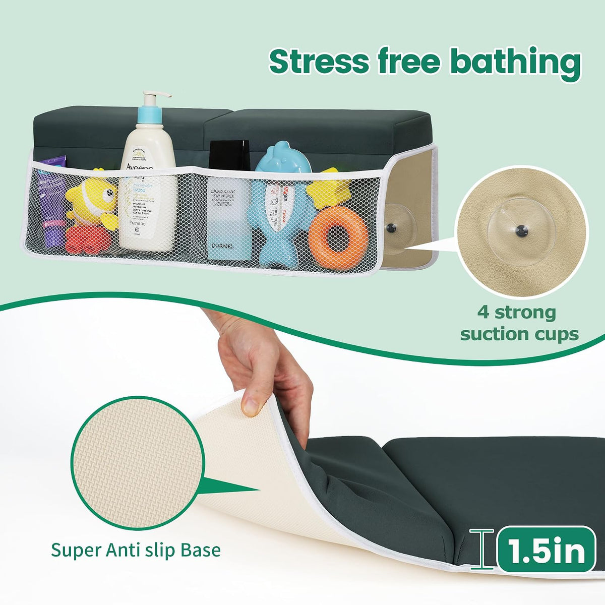 Comfortable Baby Bath Kneeler and Elbow Rest Pad Set, Thick Memory Foam Bath Kneeling Pad with Elbow Support, Baby Bathtub Cushion with Toy Organizer, Non-Slip for Infant or Toddler Bathing