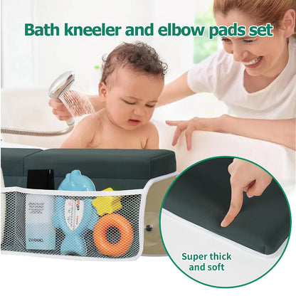 Comfortable Baby Bath Kneeler and Elbow Rest Pad Set, Thick Memory Foam Bath Kneeling Pad with Elbow Support, Baby Bathtub Cushion with Toy Organizer, Non-Slip for Infant or Toddler Bathing