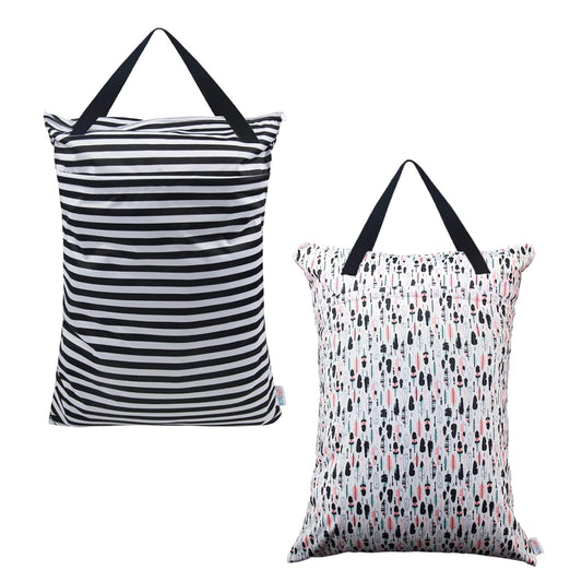 2 Pack Large Wet Dry Bag Waterproof Hanging Cloth Diaper with Double Zippered Pockets 25x18 inches (Feather & Stripe)