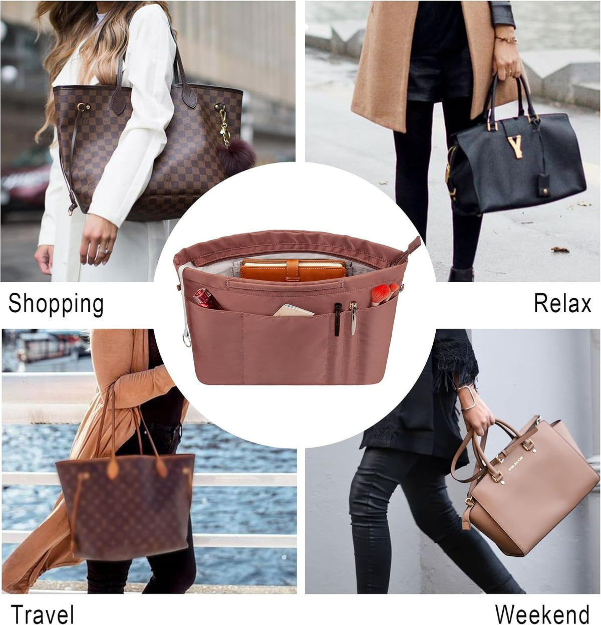 Purse Insert Organizers for Tote Handbag Bag in Bag with Zipper Liner Bag Organizer for Women 14 pockets