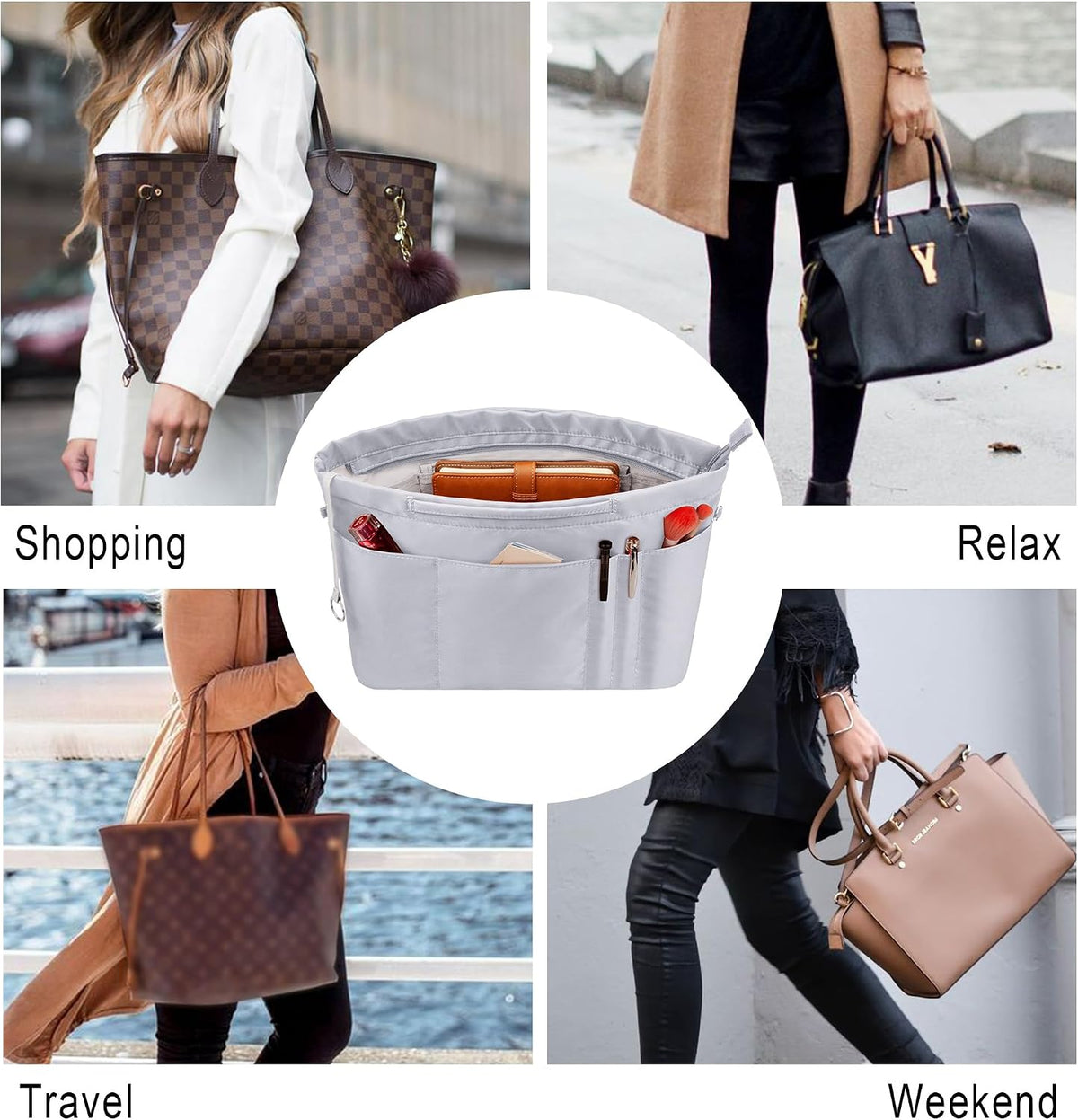 Purse Insert Organizers for Tote Handbag Bag in Bag with Zipper Liner Bag Organizer for Women 14 pockets