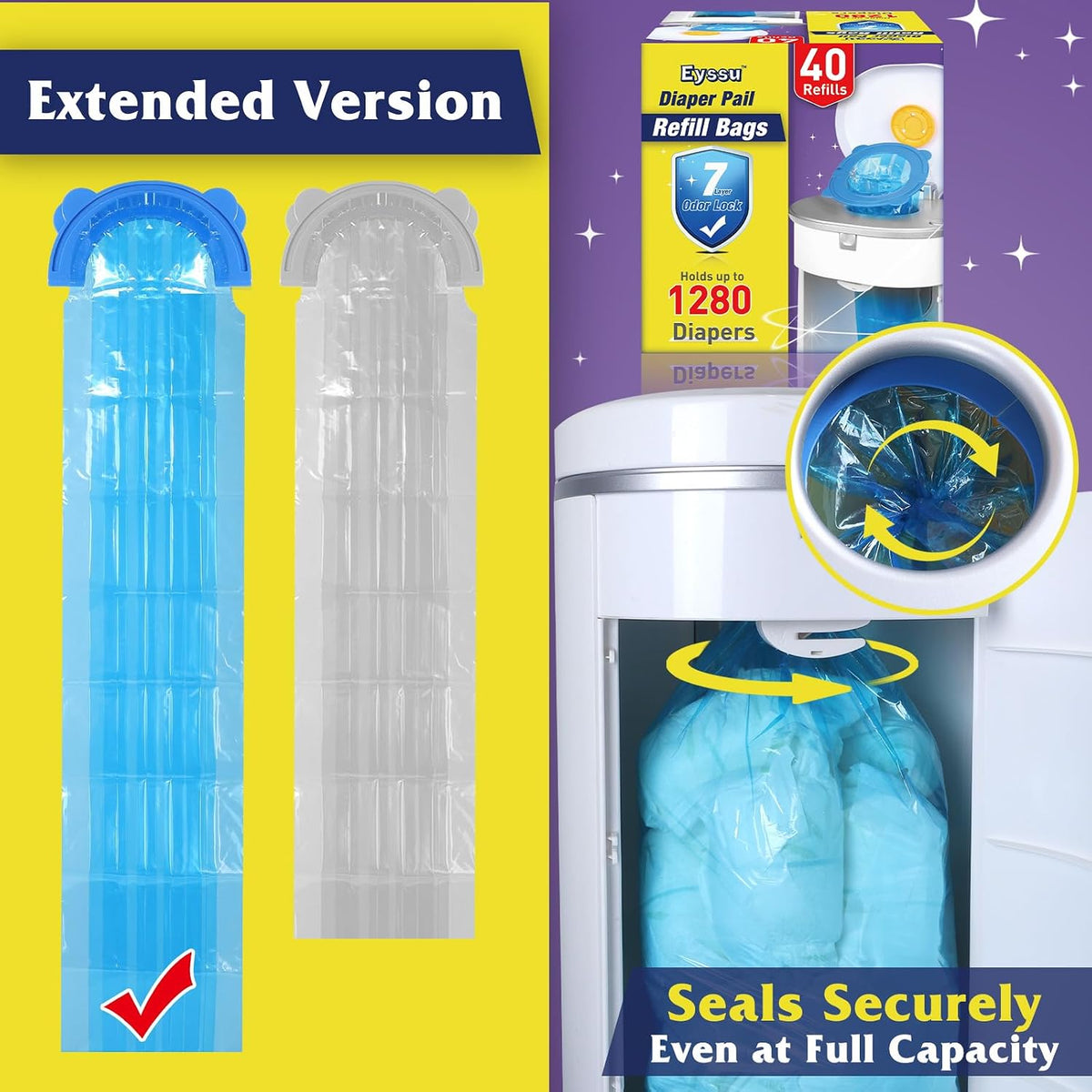 Diaper Pail Refill Bags 40 Pack, Compatible with Arm&Hammer Disposal System, Diaper Bags with Upgraded Odor Lock, Seal and Toss Diaper Pail Refills, Holds up to 1280 Baby Diapers