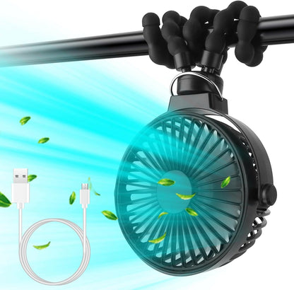 Portable Stroller Fan with Flexible Tripod, 3 Speed Rechargeable Small Clip on Fan, Mini Stroller Fans for Travel, Personal Handheld Cooling Fan, 720° Rotate for Car Seat, Black