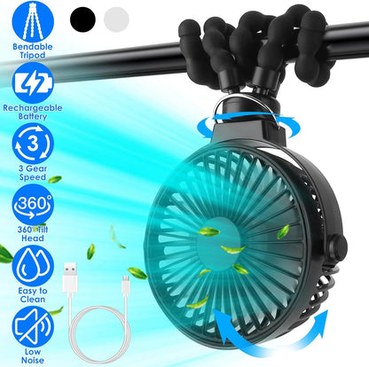 Portable Stroller Fan with Flexible Tripod, 3 Speed Rechargeable Small Clip on Fan, Mini Stroller Fans for Travel, Personal Handheld Cooling Fan, 720° Rotate for Car Seat, Black