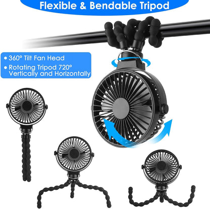 Portable Stroller Fan with Flexible Tripod, 3 Speed Rechargeable Small Clip on Fan, Mini Stroller Fans for Travel, Personal Handheld Cooling Fan, 720° Rotate for Car Seat, Black