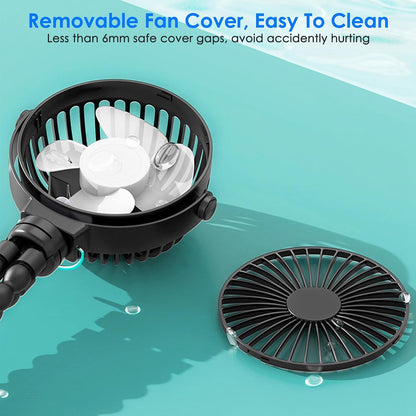 Portable Stroller Fan with Flexible Tripod, 3 Speed Rechargeable Small Clip on Fan, Mini Stroller Fans for Travel, Personal Handheld Cooling Fan, 720° Rotate for Car Seat, Black