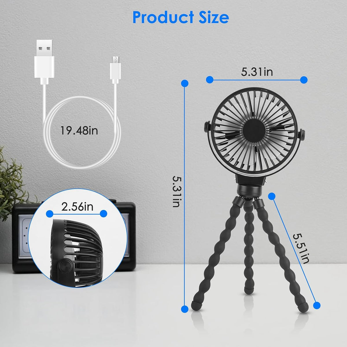 Portable Stroller Fan with Flexible Tripod, 3 Speed Rechargeable Small Clip on Fan, Mini Stroller Fans for Travel, Personal Handheld Cooling Fan, 720° Rotate for Car Seat, Black