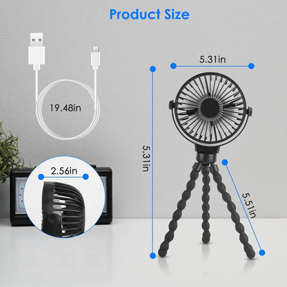 Portable Stroller Fan with Flexible Tripod, 3 Speed Rechargeable Small Clip on Fan, Mini Stroller Fans for Travel, Personal Handheld Cooling Fan, 720° Rotate for Car Seat, Black