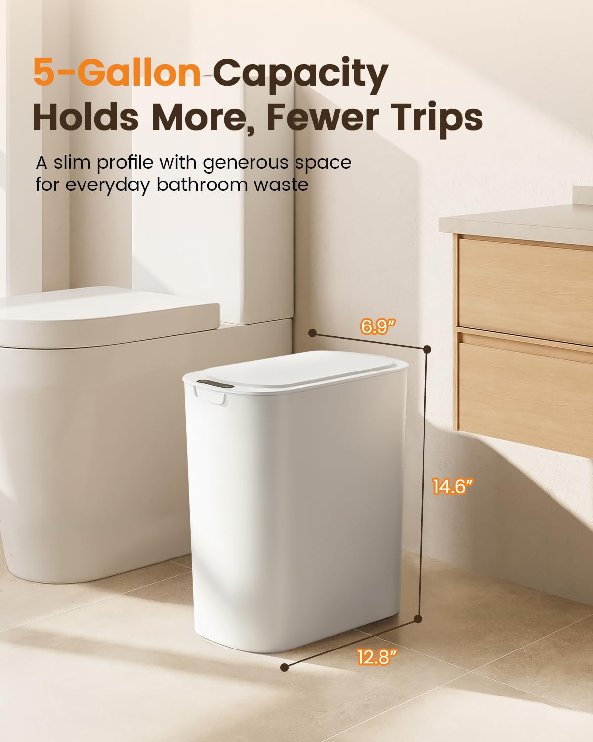 5 Gallon Automatic Bathroom Trash Can with Lid, White, Touchless